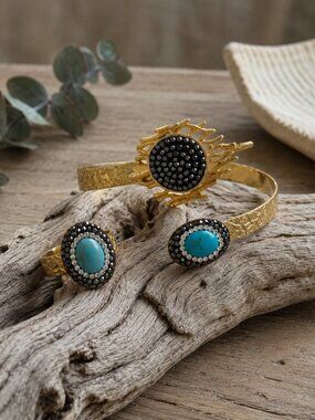 Turkish 18K Gold Plated Brass Turquoise Hematite Cuff and Ring Set Artisan 8-10